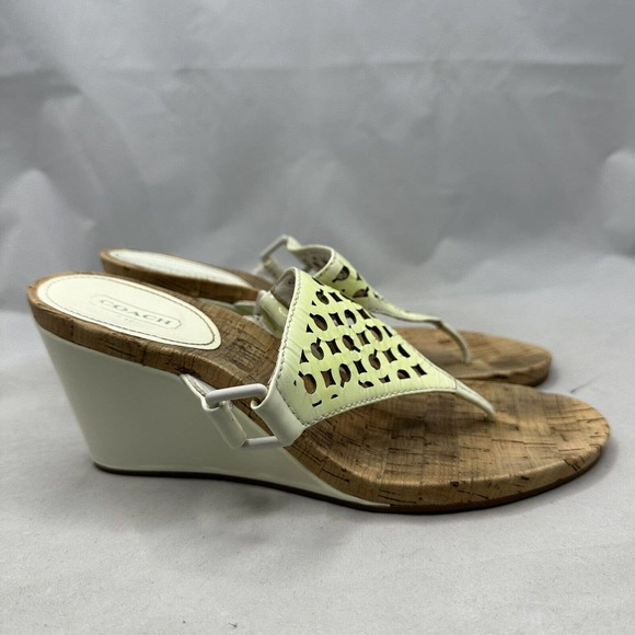 Coach Brook Off White Patent Leather Signature C Wedge Sandals Cork Women 7.5B - Picture 1 of 7